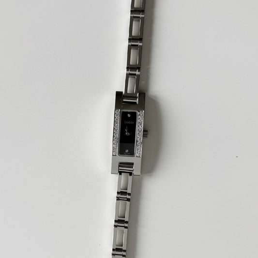 Gucci 1990s Black Dial Rectangular Stainless Steel Watch