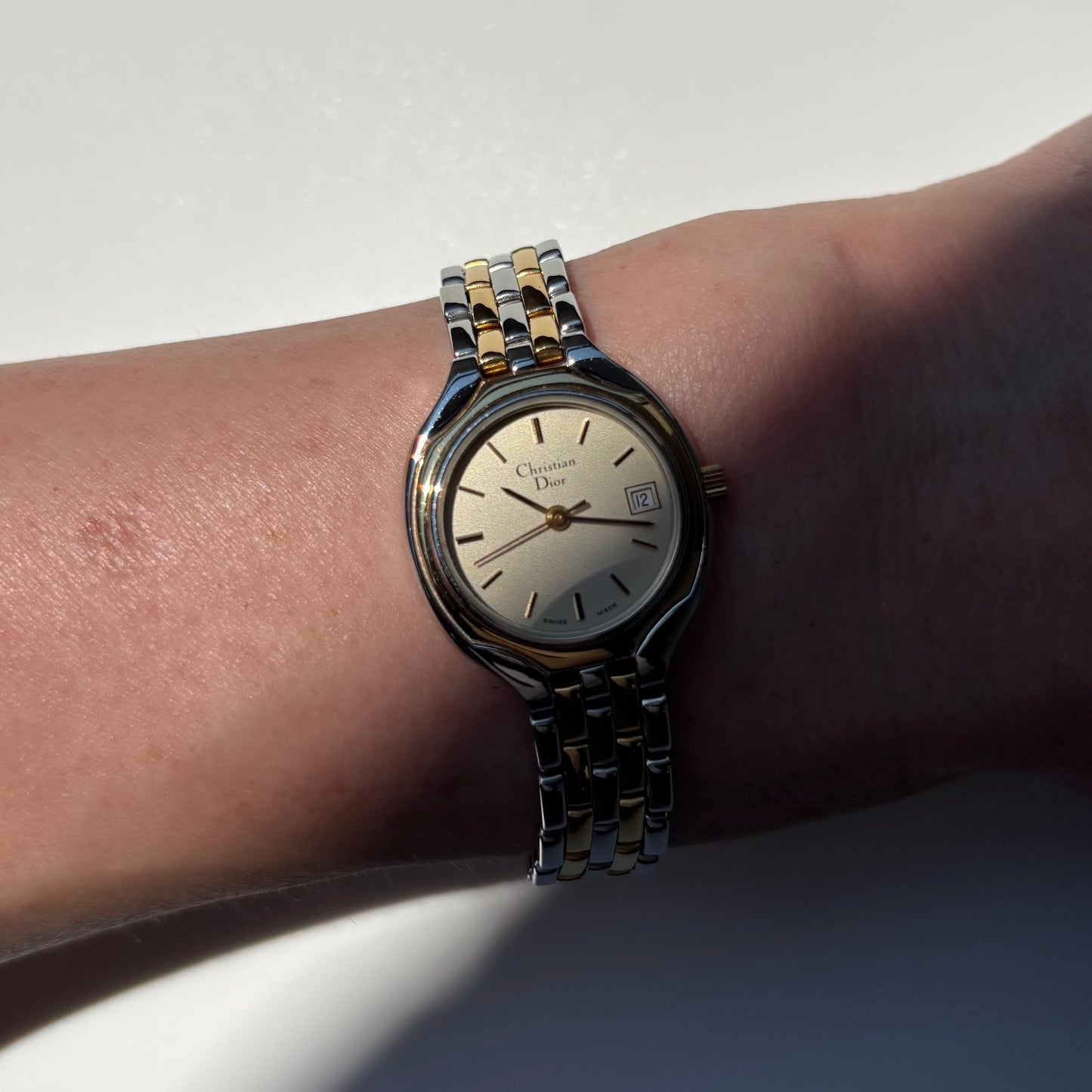 Dior 1990s Date Round Dial Two Tone Gold Plated Watch