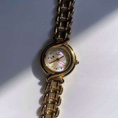 Fendi 1990s Seashell Dial Gold Plated Round Watch