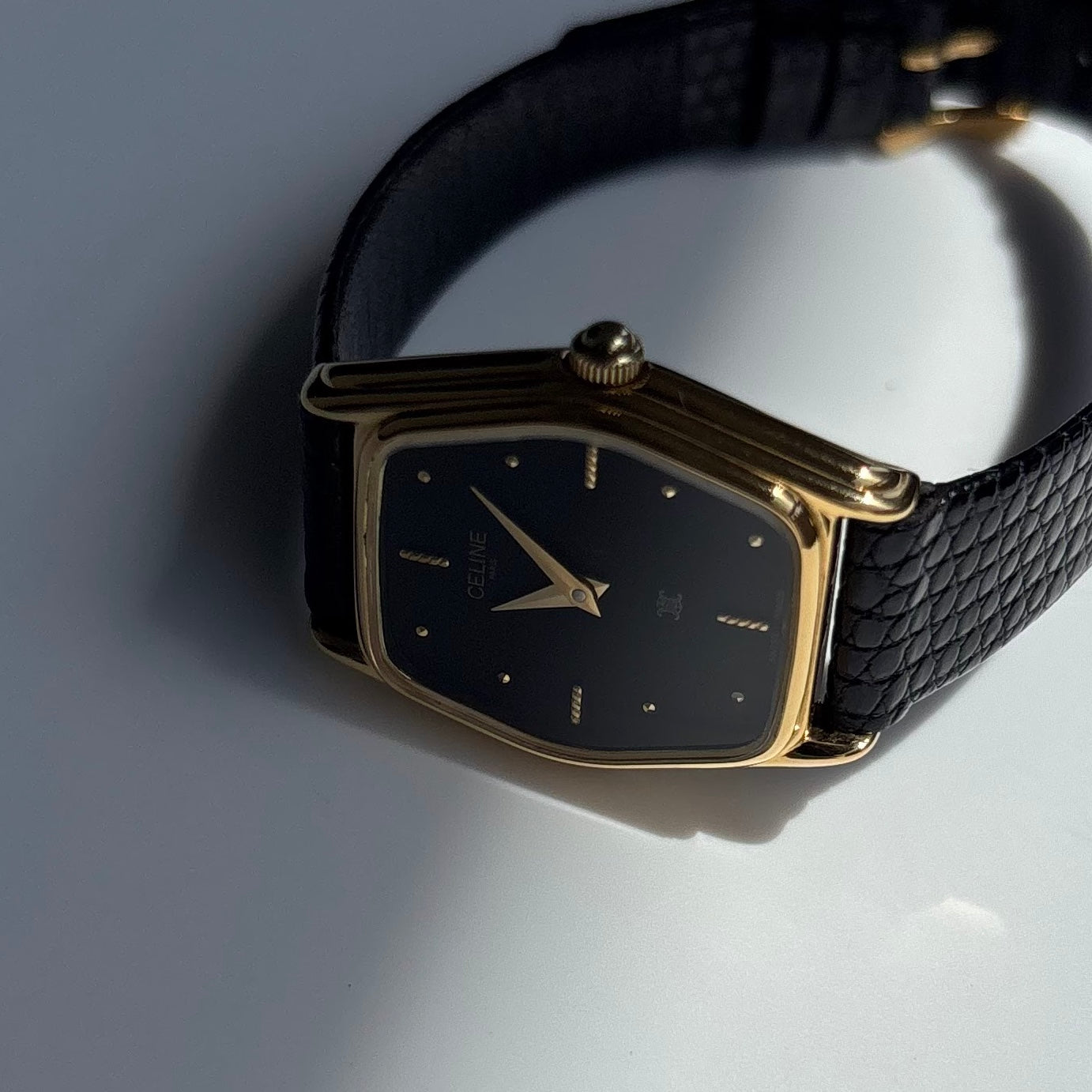 Celine 1980s Black Dial Gold Plated Watch
