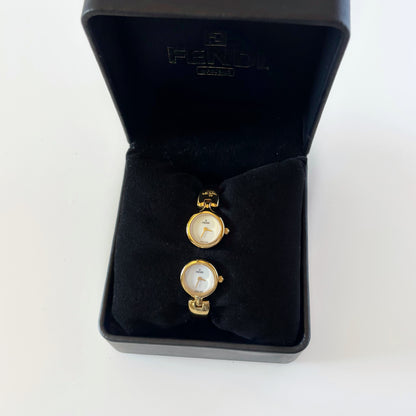 Fendi 1990s Seashell Dial Two Time Zone Gold Plated Bangle Watch