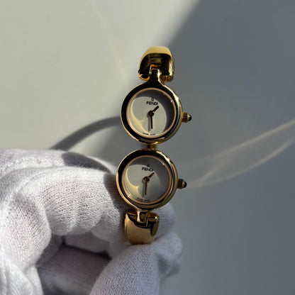 Fendi 1990s Seashell Dial Two Time Zone Gold Plated Bangle Watch