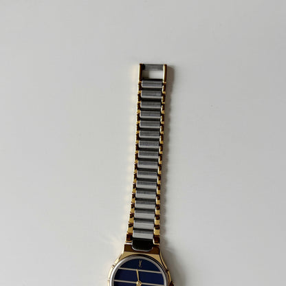 Yves Saint Laurent 1990s Navy Round Dial Two Tone Gold Plated Watch