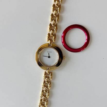 Gucci 1990s Interchangeable Bezel Gold Plated Rice Chain Watch with case, 6 bezels (160mm)