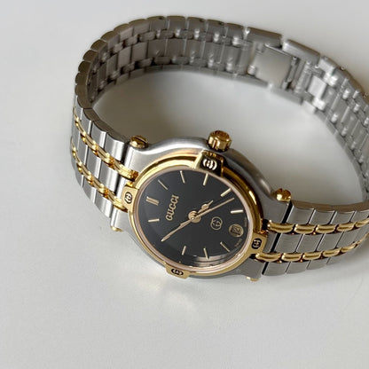 Gucci 1990s Black Dial Gold Plated Two Tone Watch