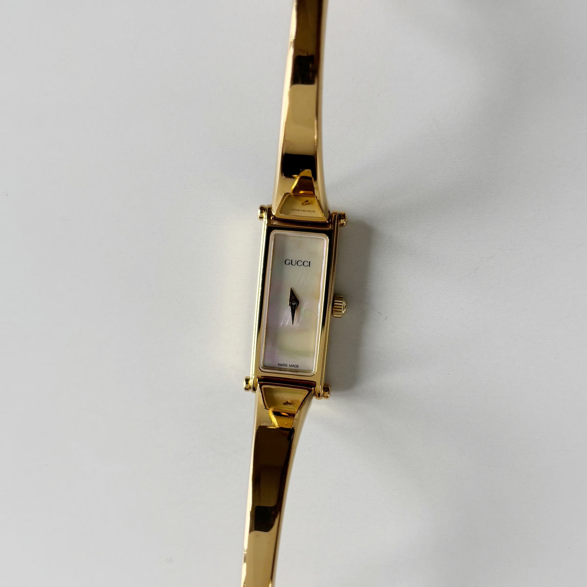 Gucci 1990s Seashell Rectangular Dial Gold Plated Bangle Watch