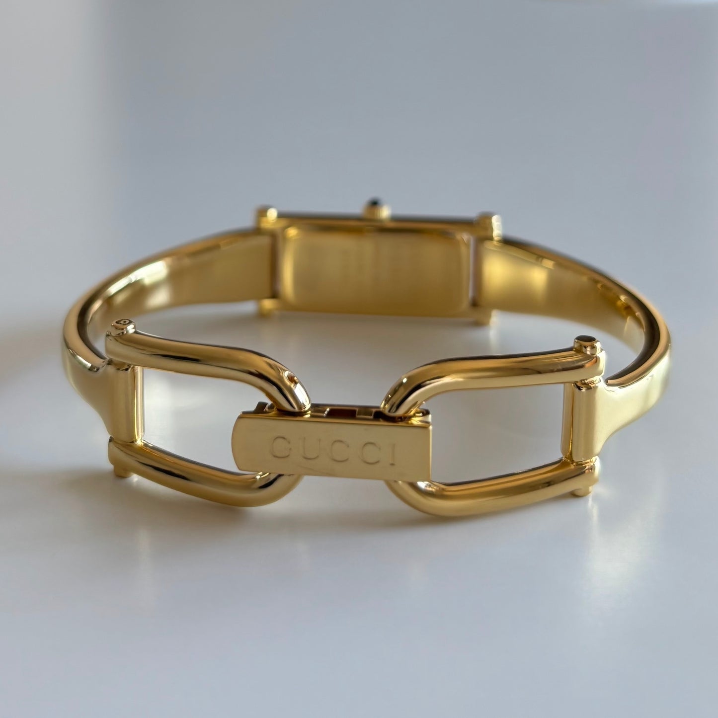 Gucci 1990s Black Dial Gold Plated Bangle Watch