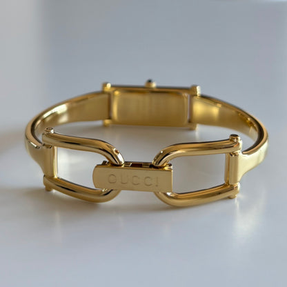 Gucci 1990s Black Dial Gold Plated Bangle Watch