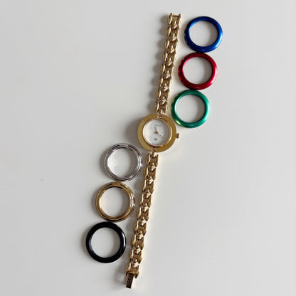 Gucci 1990s Interchangeable Bezel Gold Plated Watch with 6 bezels, case (167mm)