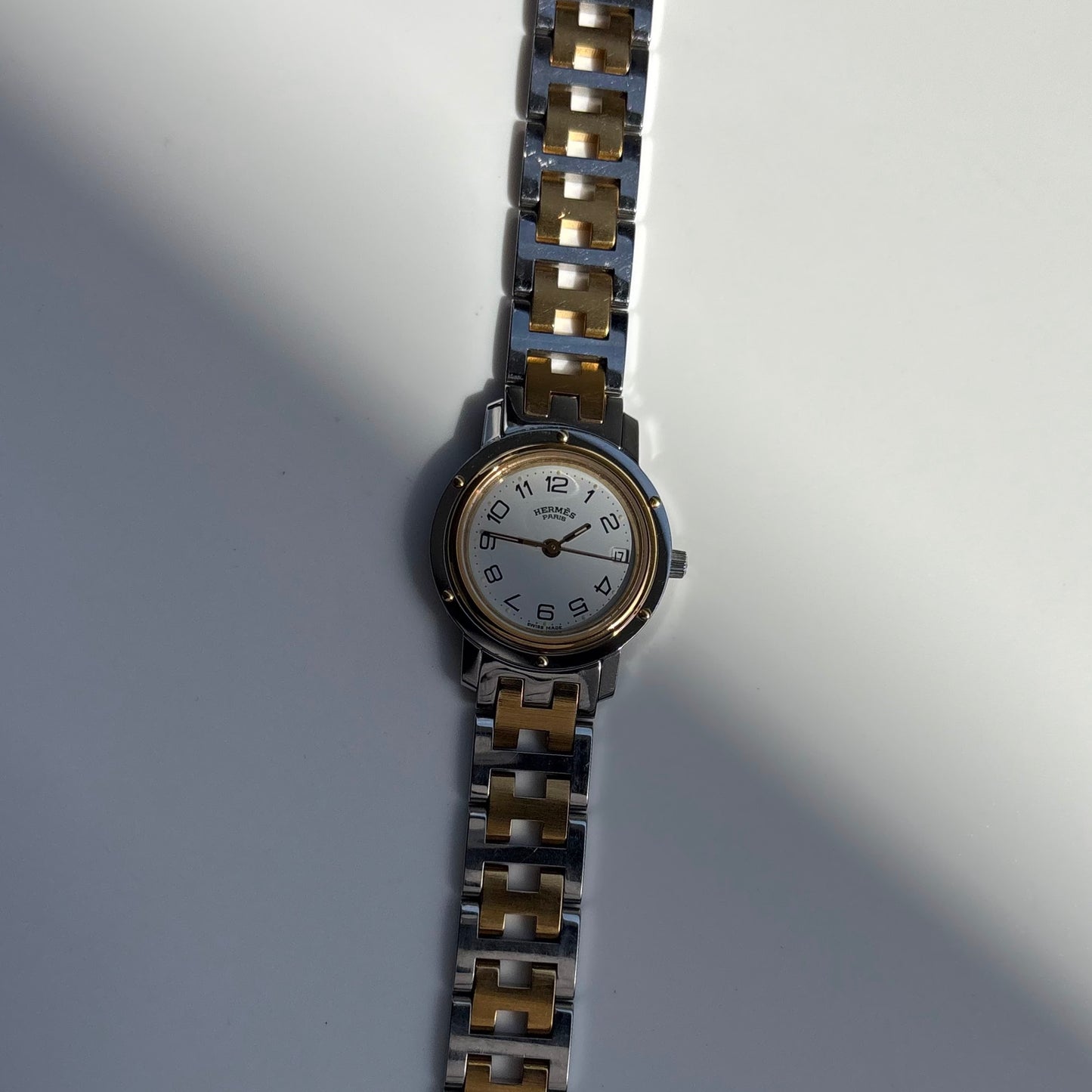 Hermes Early 2000s Clipper White Round Dial Two Tone Watch