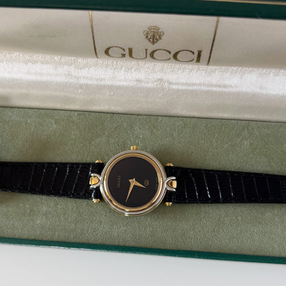 Gucci 1980s Black Round Dial Two Tone Watch