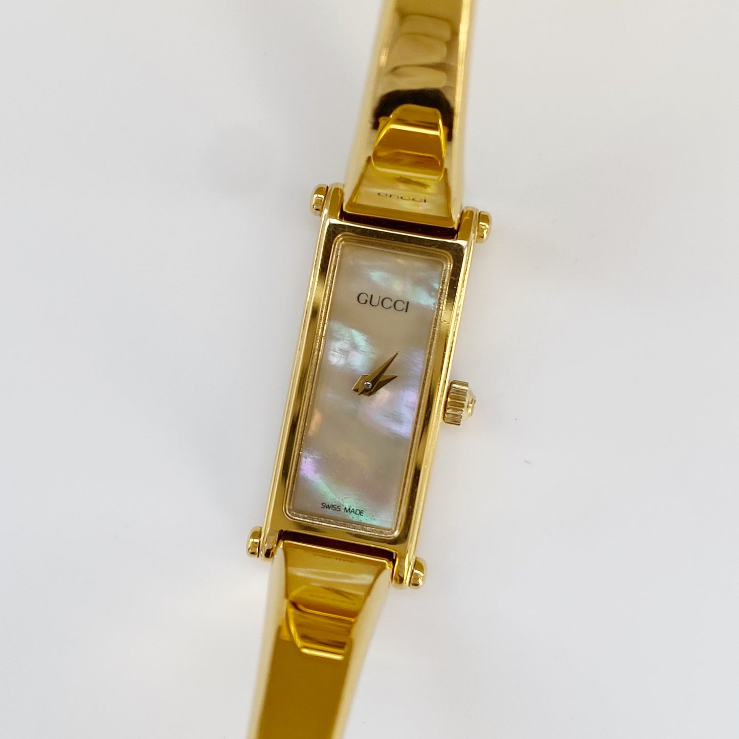 Gucci 1990s Rectangular Seashell Dial Gold Plated Bangle Watch