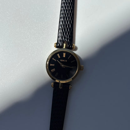 Gucci 1990s Black Round Dial Gold Plated Watch