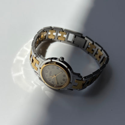 Hermes 1990s Clipper Date Round Dial Gold Plated Two Tone Watch