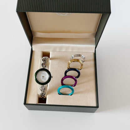 Gucci 1990s Interchangeable Bezel Stainless steel Chain Watch with 6 bezels, case
