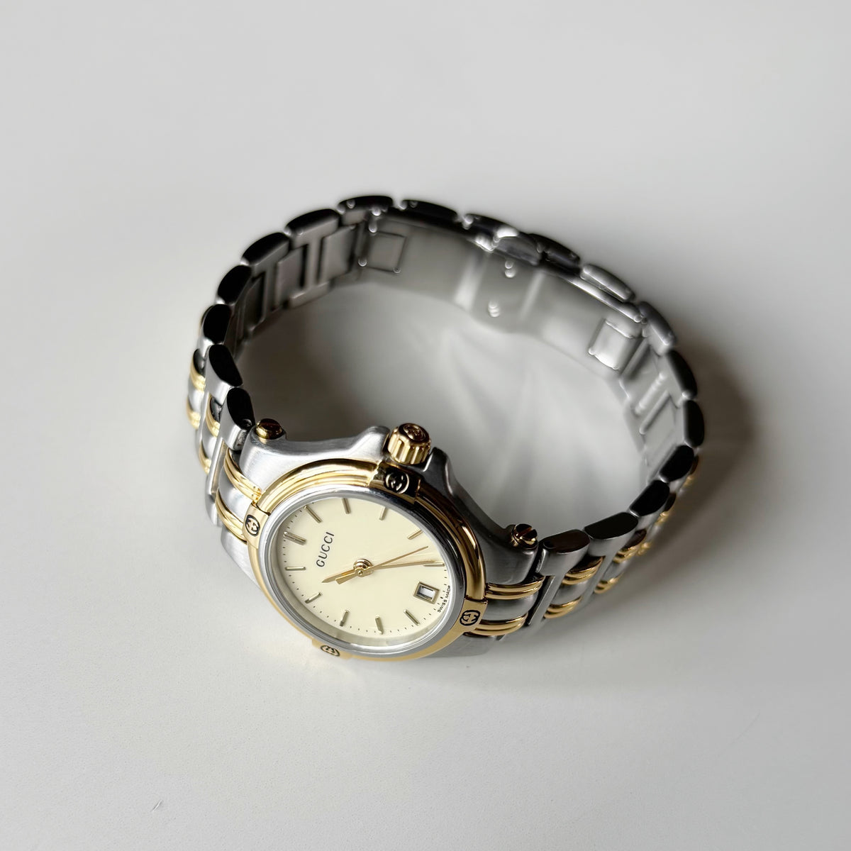 Gucci 1990s Date Round Dial Two Tone Gold Plated Watch