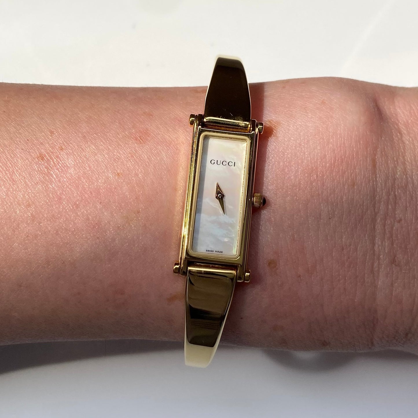 Gucci 1990s Seashell Dial Rectangular Gold Plated Bangle Watch