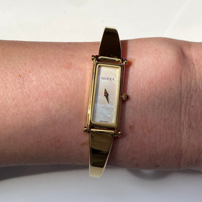 Gucci 1990s Seashell Dial Rectangular Gold Plated Bangle Watch