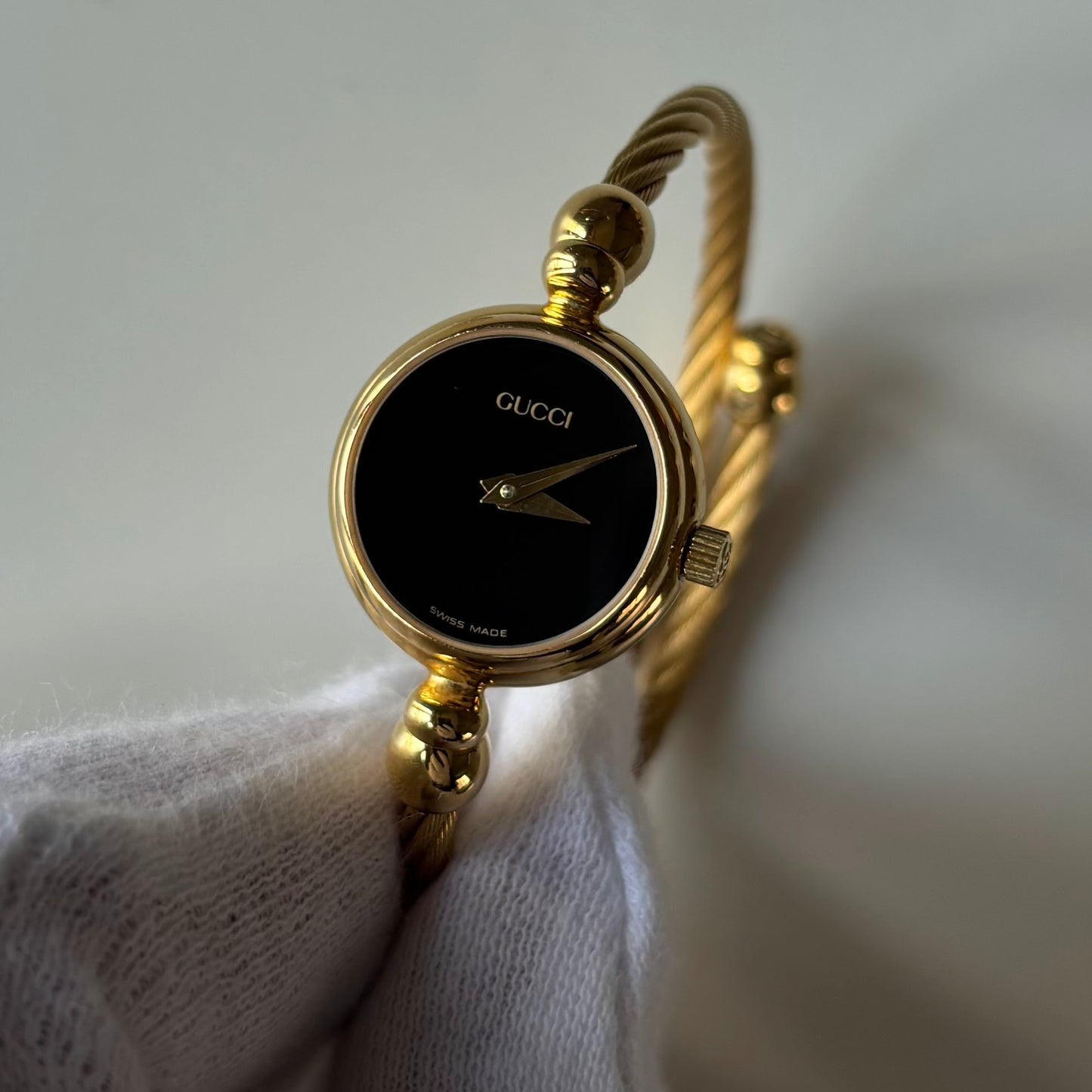 Gucci 1990s Black Dial Gold Plated Cable Bangle Watch