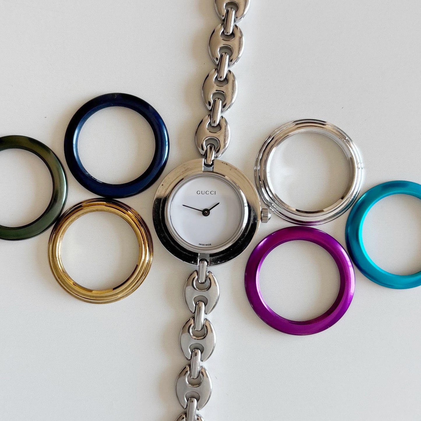 Gucci 1990s Interchangeable Bezel Stainless steel Watch with 6 bezels, case (165mm)