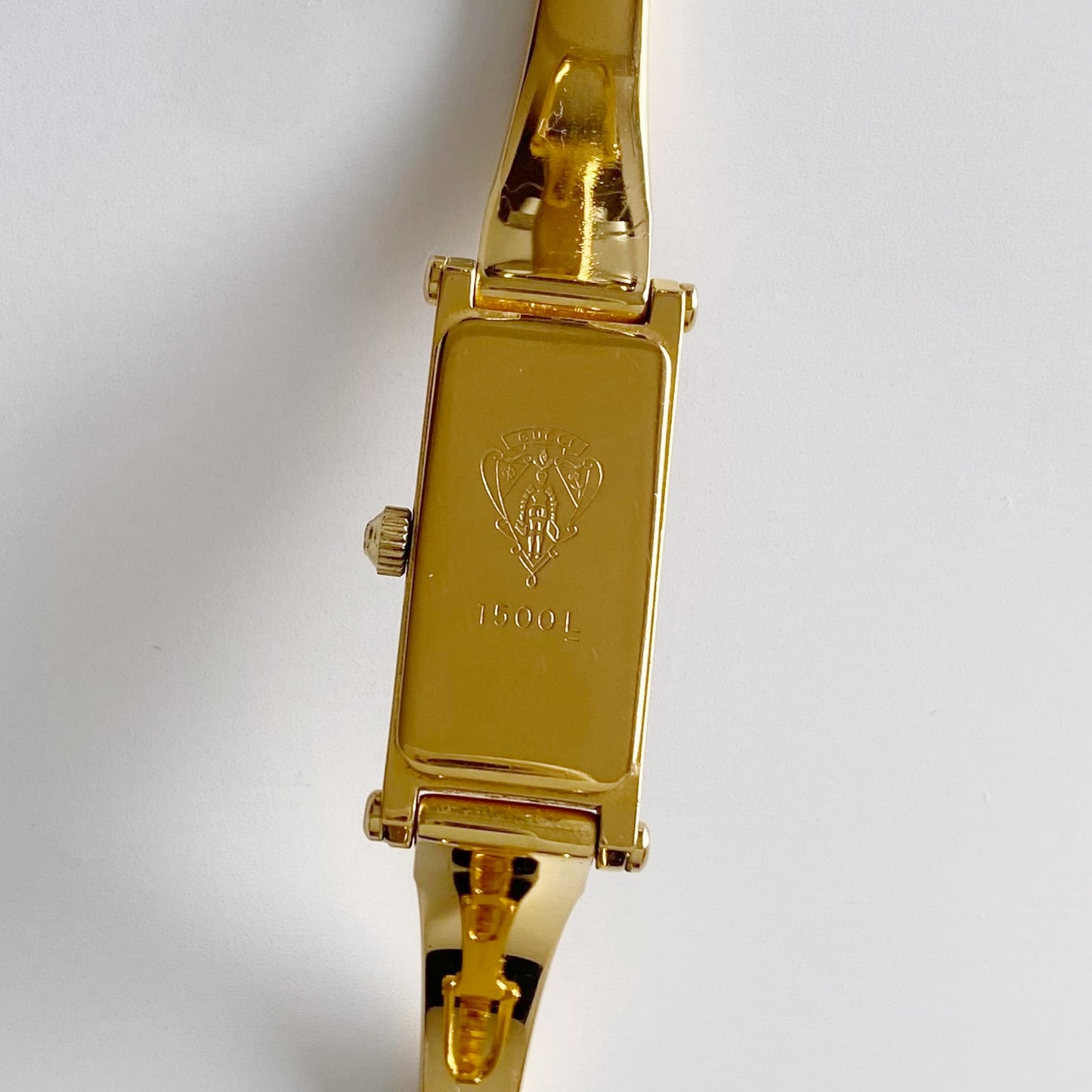 Gucci 1990s Gold Dial Rectangular  Gold Plated Bangle Watch