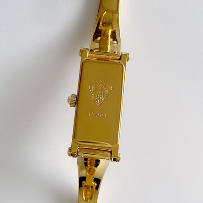 Gucci 1990s Gold Dial Rectangular  Gold Plated Bangle Watch