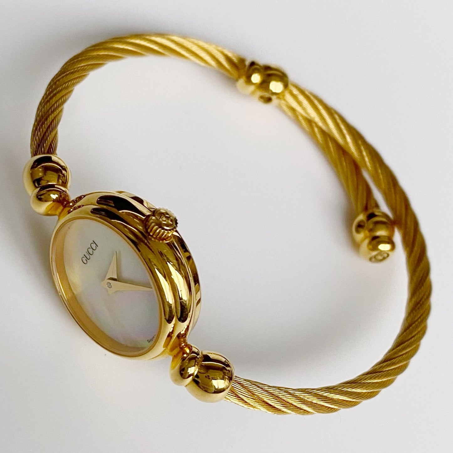 Gucci 1990s Seashell Dial Gold Plated Cable Bangle Watch