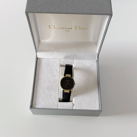 Dior 1990s Black Round Dial Gold Plated Watch