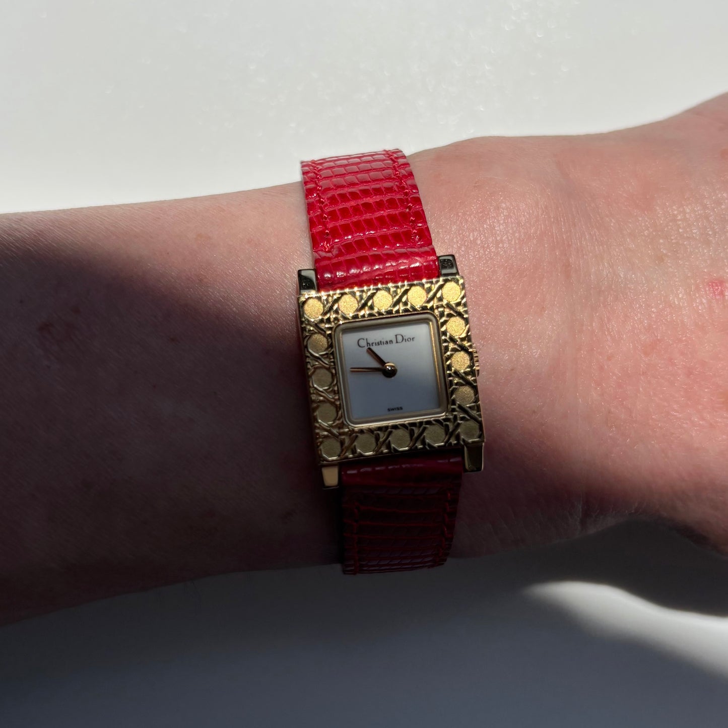 Dior 1990s La Parisienne Interchangeable Strap Square Dial Gold Plated Watch with 3 straps, case
