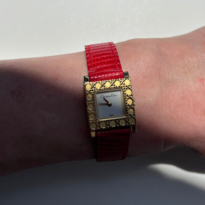 Dior 1990s La Parisienne Interchangeable Strap Square Dial Gold Plated Watch with 3 straps, case