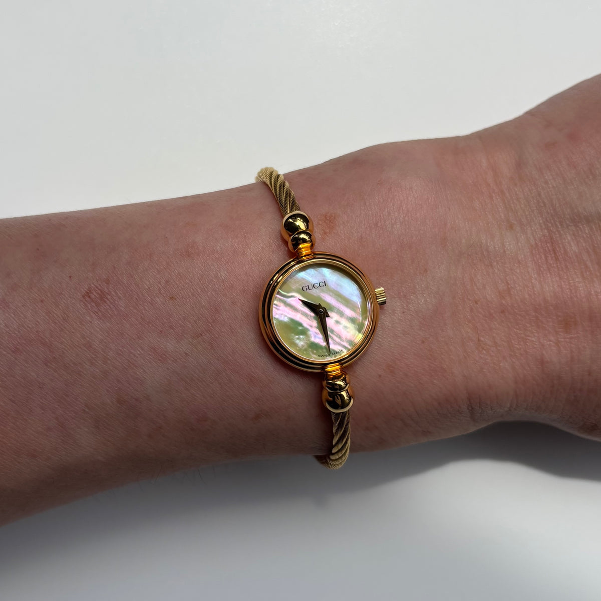 Gucci 1990s Seashell Dial Gold Plated Cable Bangle Watch