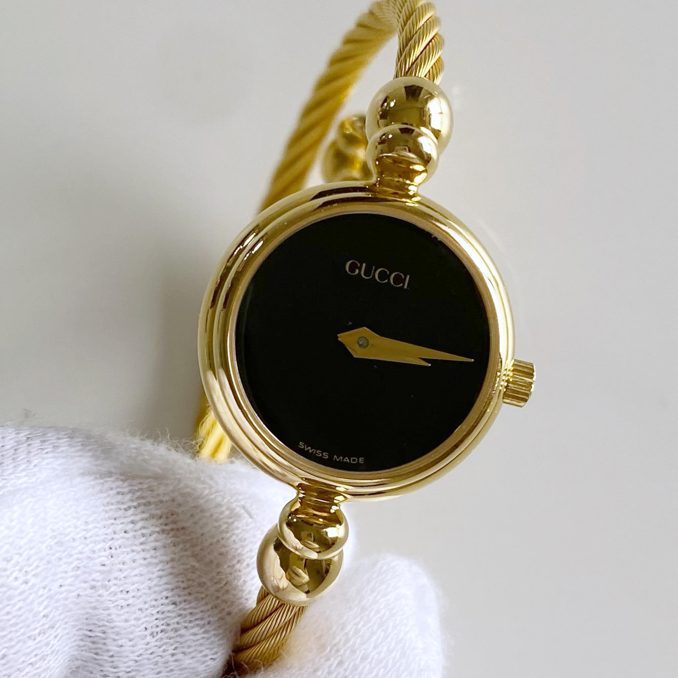 Gucci 1990s Black Dial Gold Plated Cable Bangle Watch