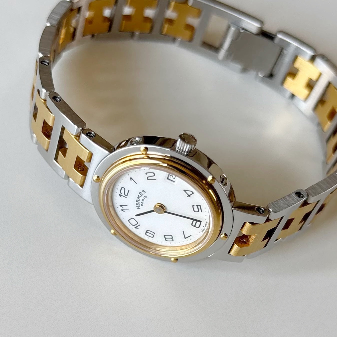 Hermes 1990s Clipper Round Dial Two Tone Gold Plated Watch