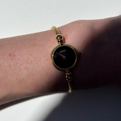 Gucci 1990s Black Dial Gold Plated Cable Bangle Watch