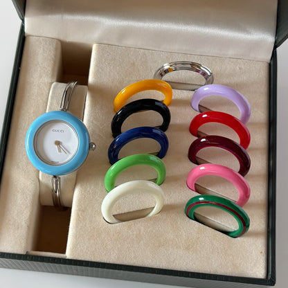 Gucci 1990s Interchangeable Bezel Stainless steel Bangle Watch with 12 bezels, case (Small)