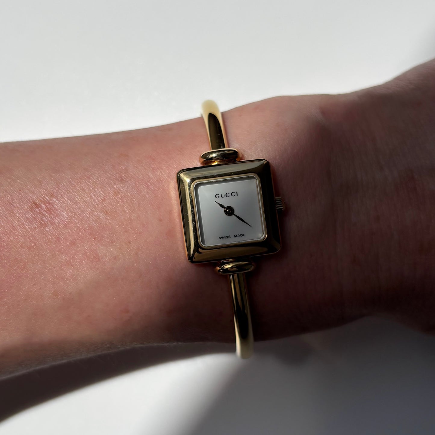 Gucci 1990s Square Dial Gold Plated Bangle Watch
