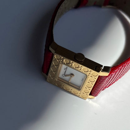 Dior 1990s La Parisienne Interchangeable Strap Square Dial Gold Plated Watch with 3 straps, case