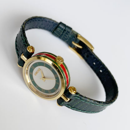 Gucci 1990s Round Green Leather Watch