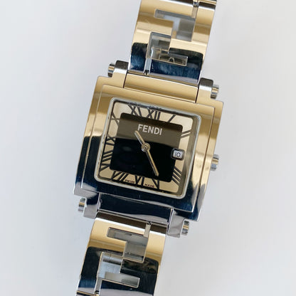 Fendi 1990s Black Dial Date Square Stainless Steel Watch