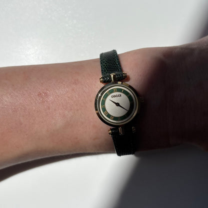 Gucci 1990s Round Dial Cherry Green Gold-Plated Watch