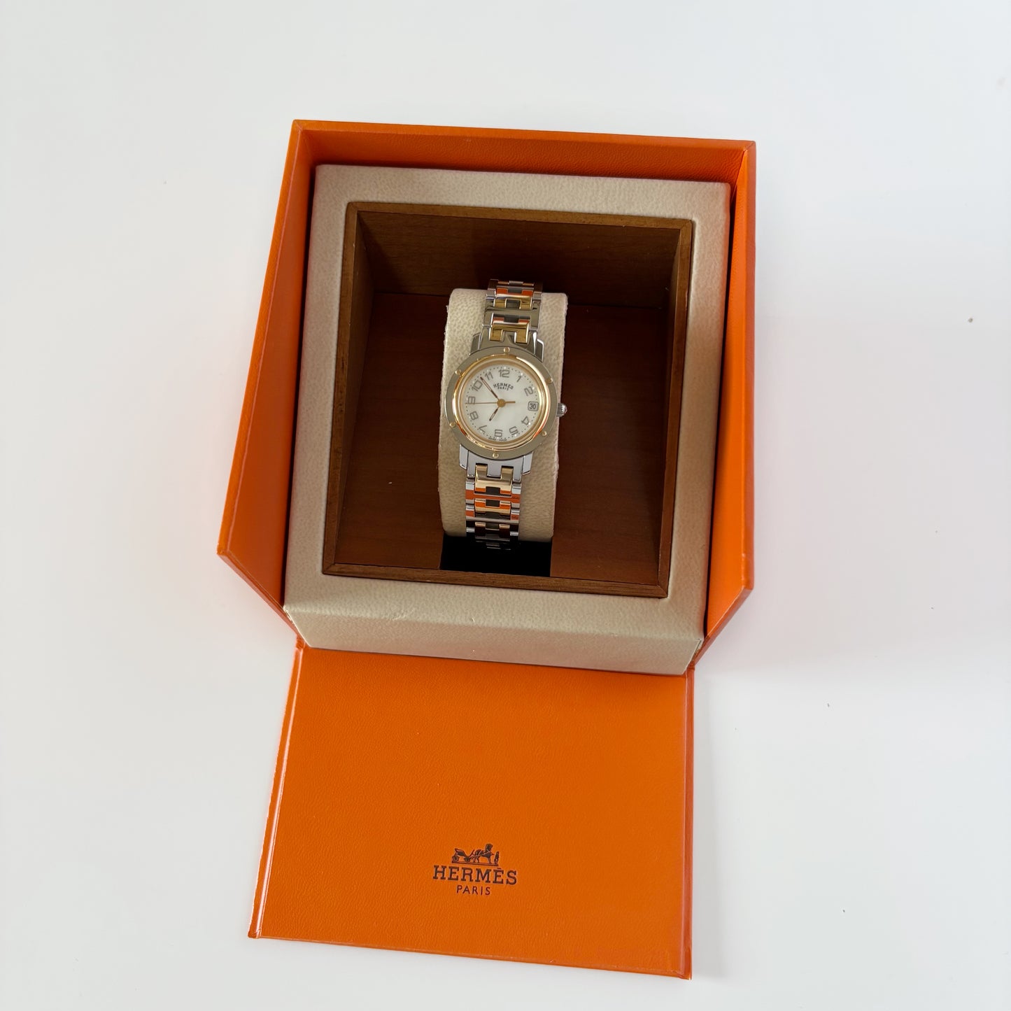 Hermes Early 2000s Clipper Seashell Dial Gold Plated Two Tone Watch