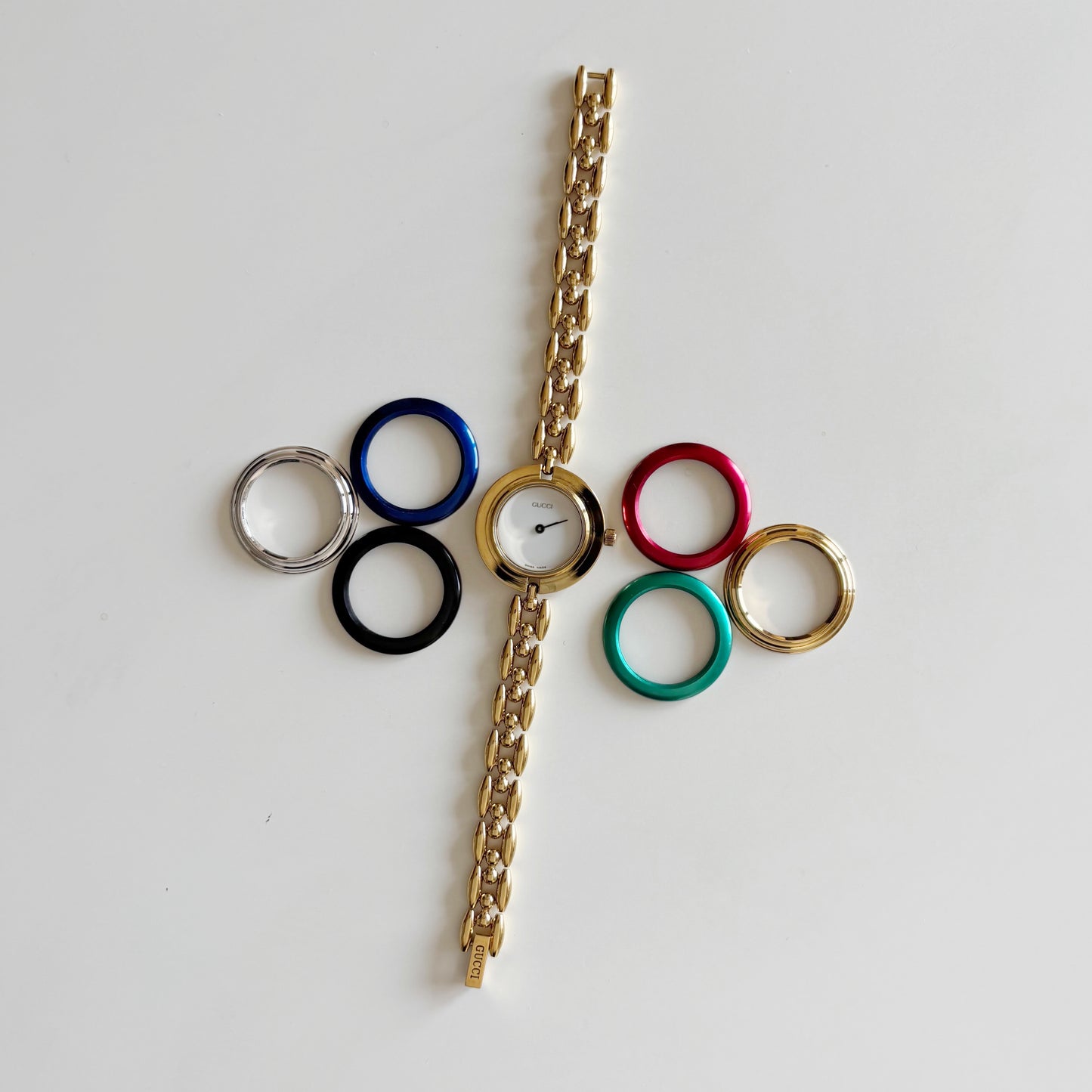 Gucci 1990s Interchangeable Bezel Gold Plated Watch with 6 bezels, case (167mm)