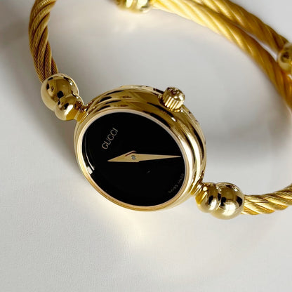 Gucci 1990s Black Dial Gold Plated Cable Band Bangle Watch