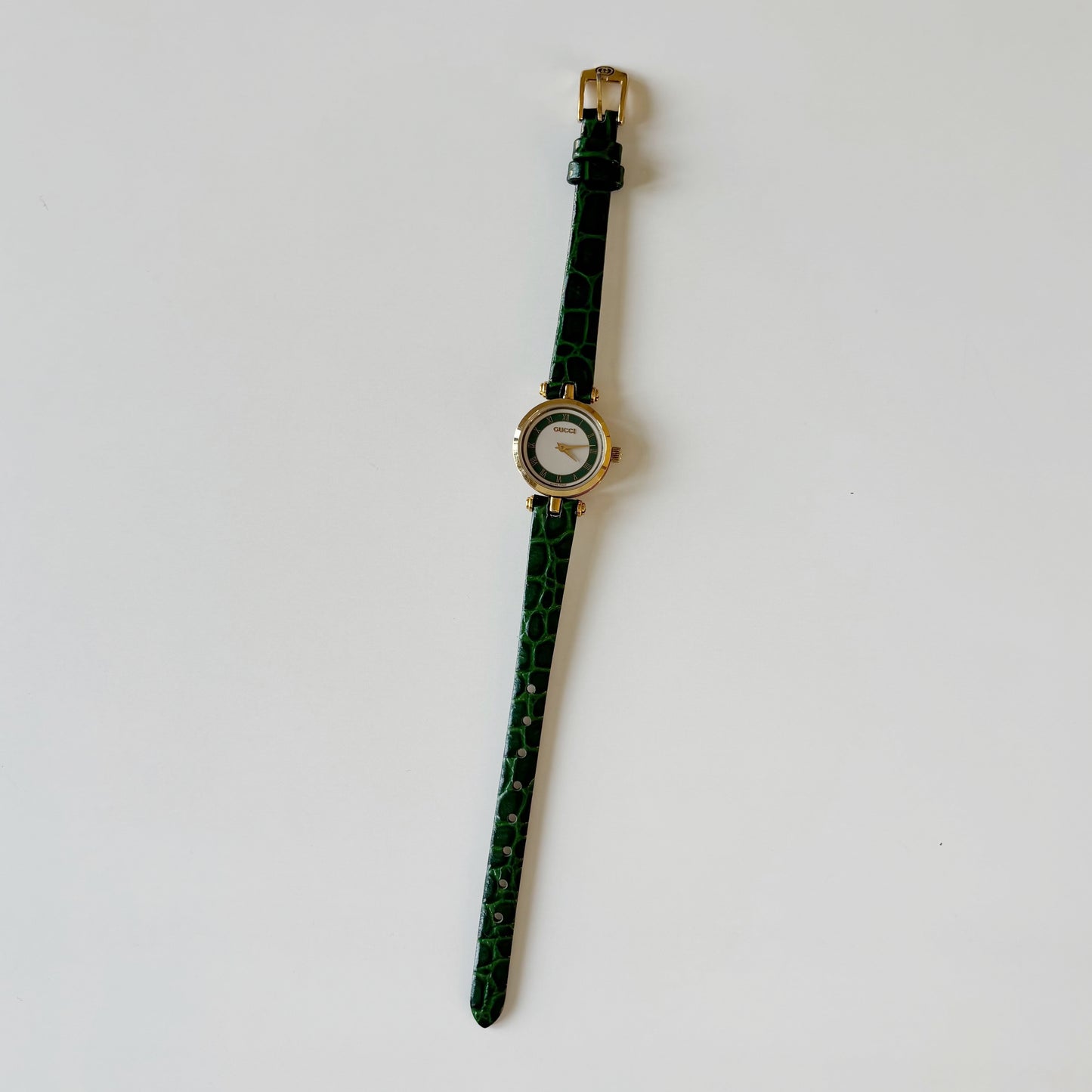 Gucci 1990s Green Round Dial Gold Plated Watch