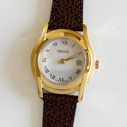 Gucci 1990s Date Round Dial Gold Plated Watch