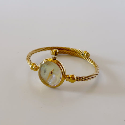 Gucci 1990s Seashell Dial Gold Plated Cable Bangle Watch