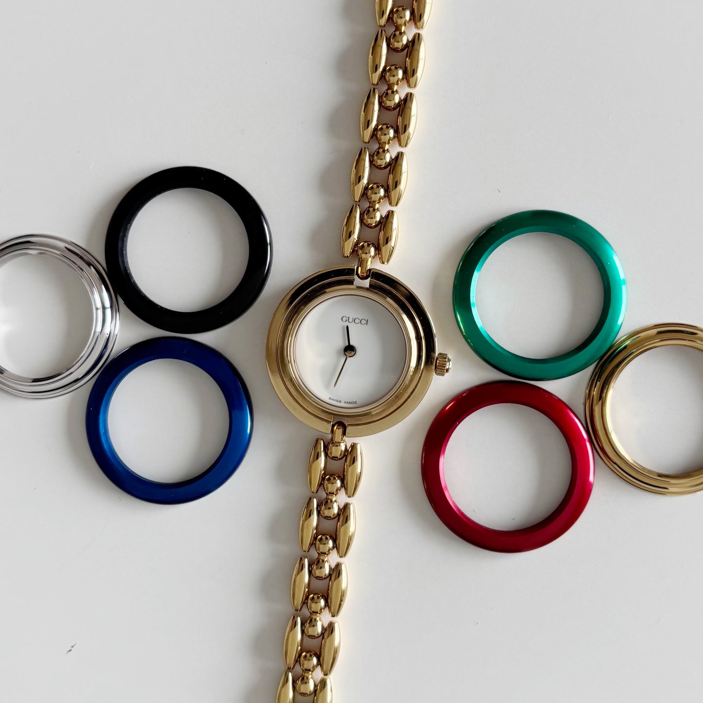 Gucci 1990s Interchangeable Bezel Gold Plated Watch with 6 bezels, case (167mm)
