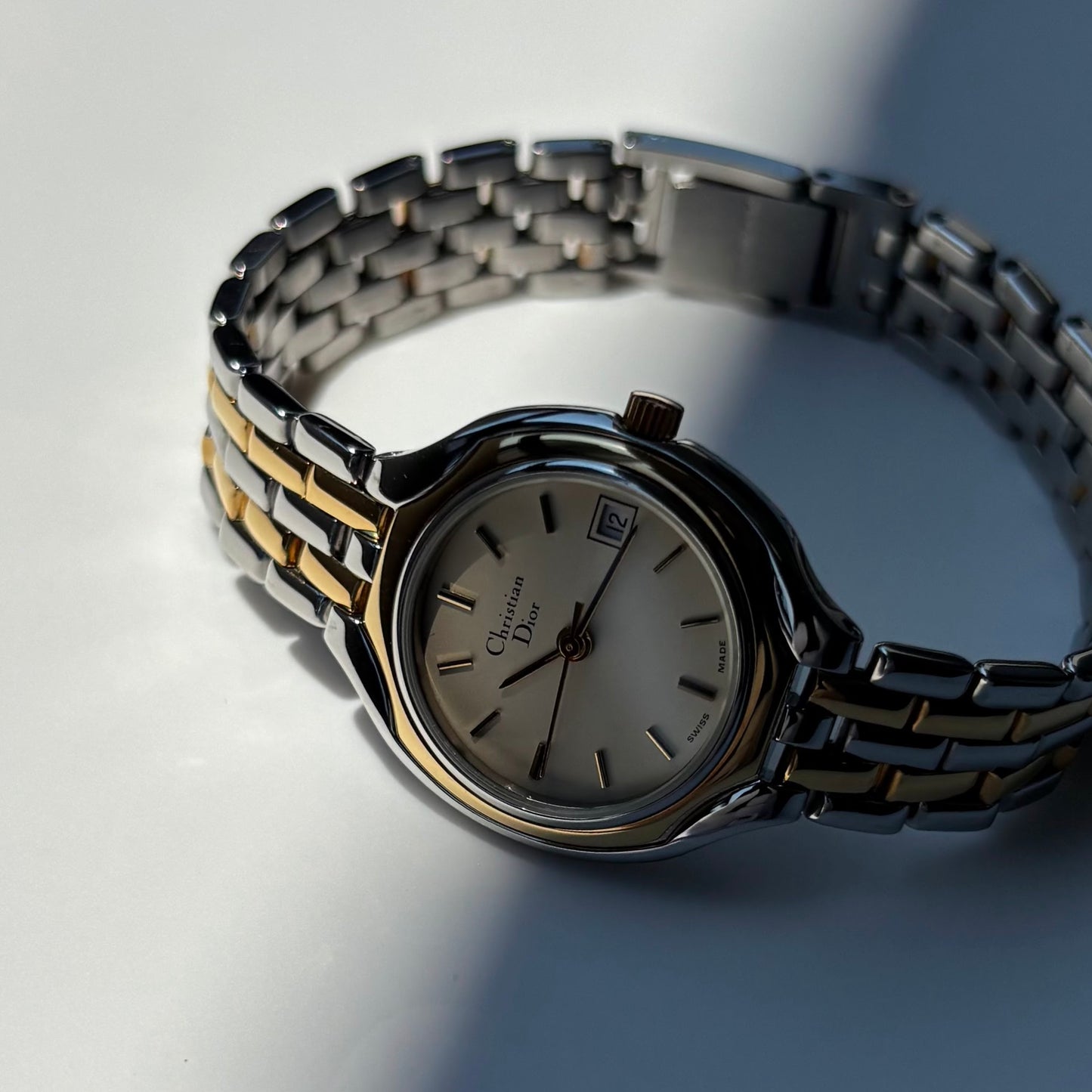 Dior 1990s Date Round Dial Two Tone Gold Plated Watch