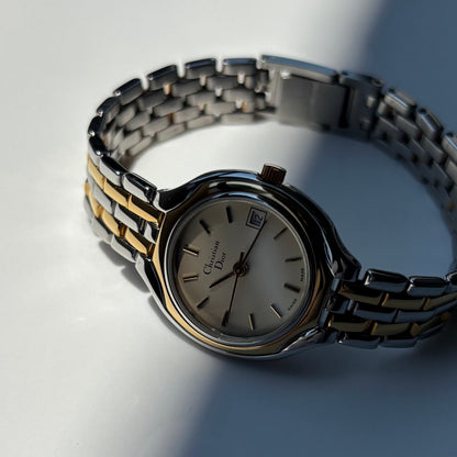 Dior 1990s Date Round Dial Two Tone Gold Plated Watch