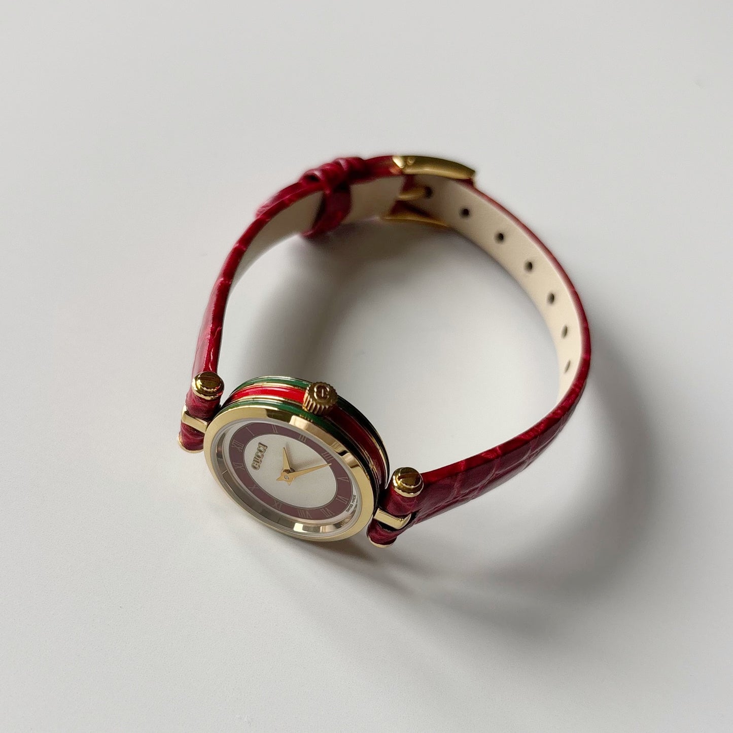 Gucci 1990s Red Round Dial Gold Plated Watch